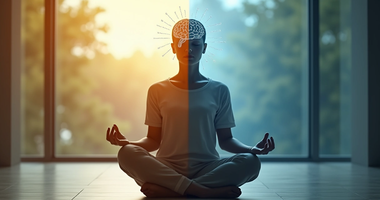 Pessoa sentada dividida entre calma e controle mental 