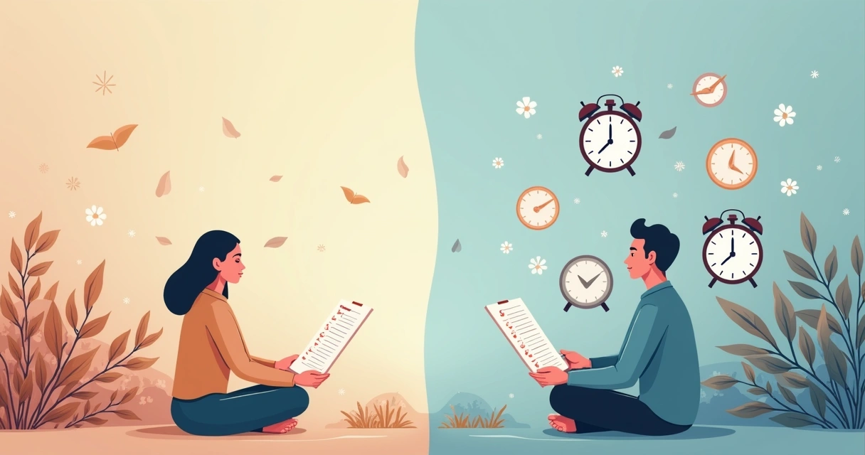 Pessoa sentada em postura meditativa, metade rodeada por cores suaves e a outra por elementos rígidos como relógios e listas 