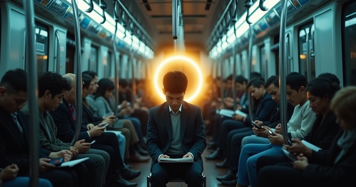 Pessoa sentada em metrô lotado envolta por círculo de luz representando foco de atenção 