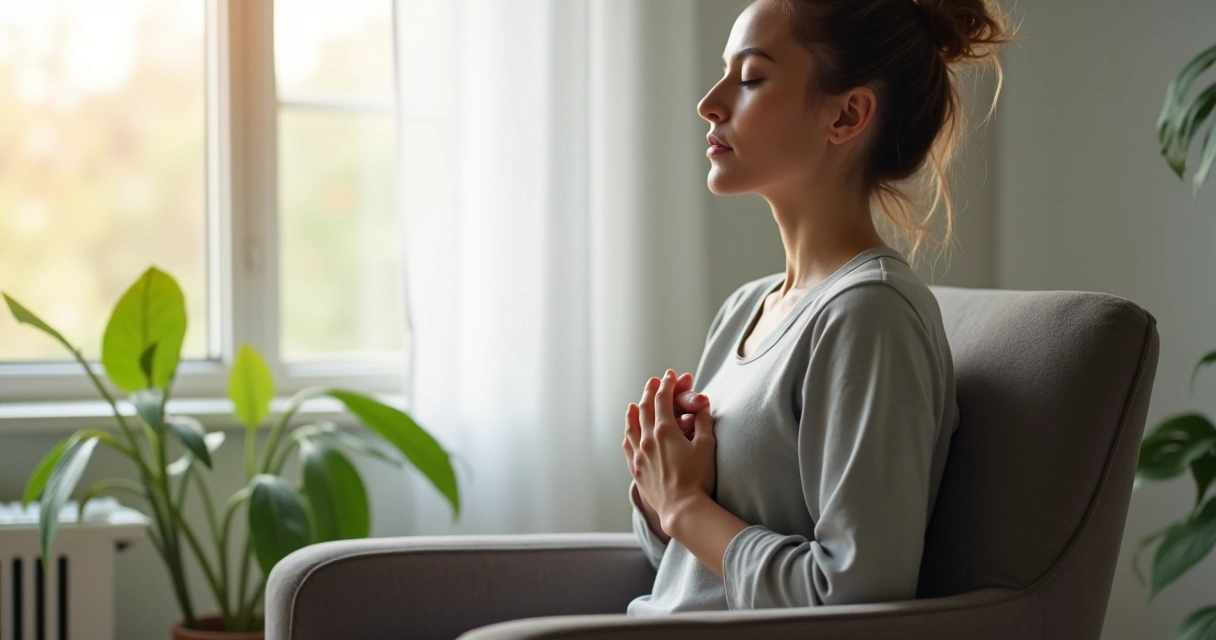 Pessoa focada em respiração consciente, postura reta, ambiente tranquilo