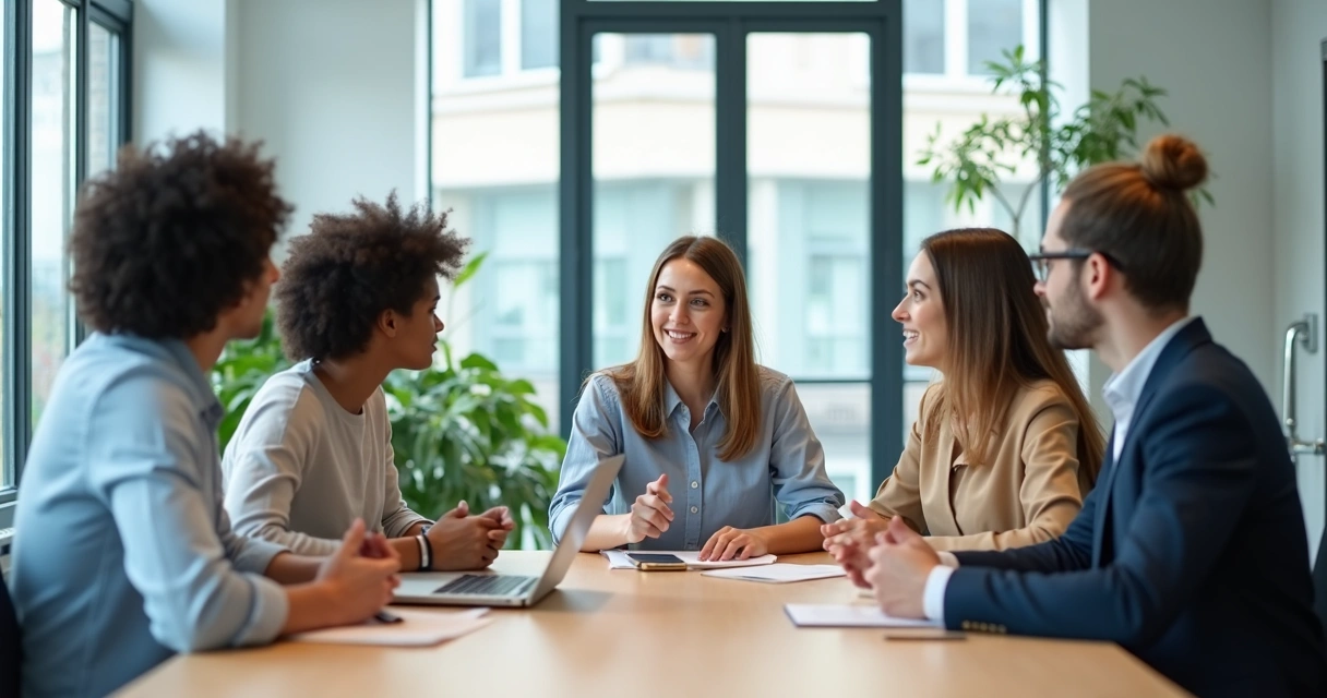 Equipe diversa em reunião colaborativa com foco e escuta atenta em escritório moderno 