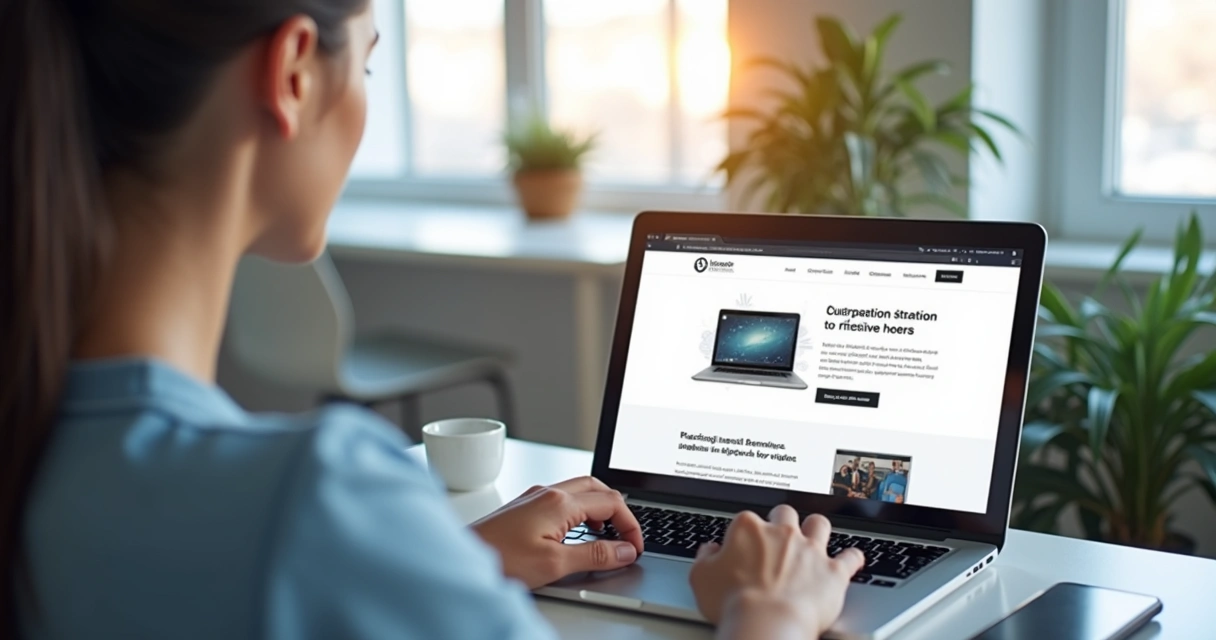Homem olhando concentrado para tela de laptop com destaque em página web clara e chamativa 