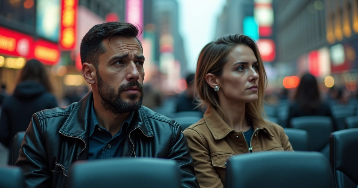 Duas pessoas analisando o ambiente ao redor, em postura atenta e observadora 