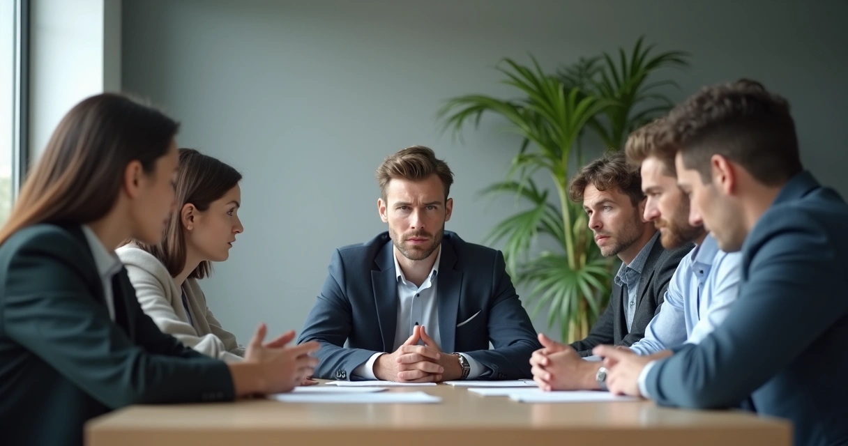Persona sentada en una reunión manteniendo atención plena entre compañeros de trabajo 