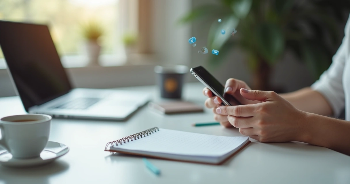 Persona mirando el móvil con notificaciones en un escritorio ordenado