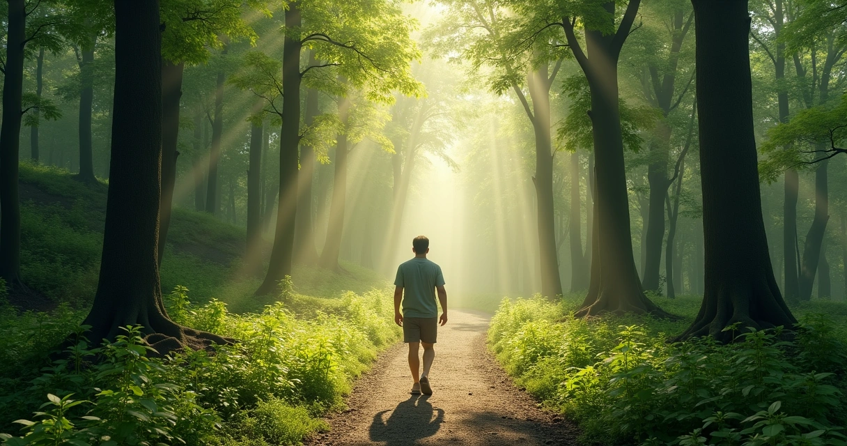 Persona caminando por sendero en bosque verde aplicando atención plena 