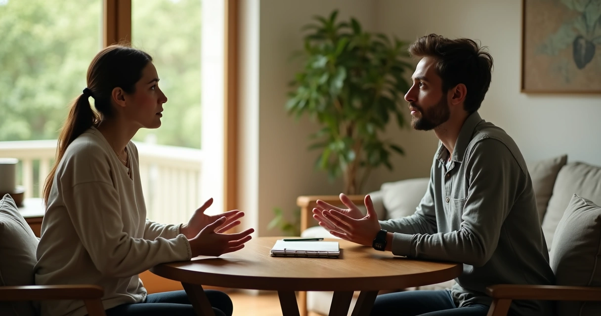 Dos personas conversan con calma practicando atención plena en una sala tranquila 