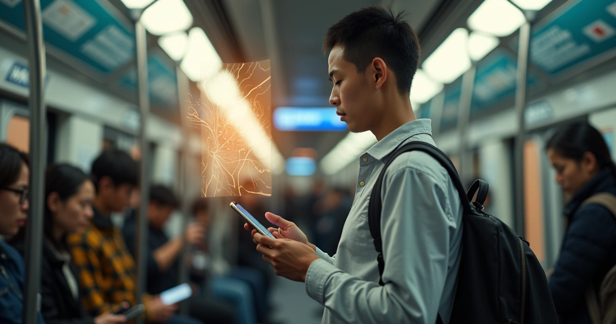 Persona calmada en el metro mirando un itinerario iluminado 
