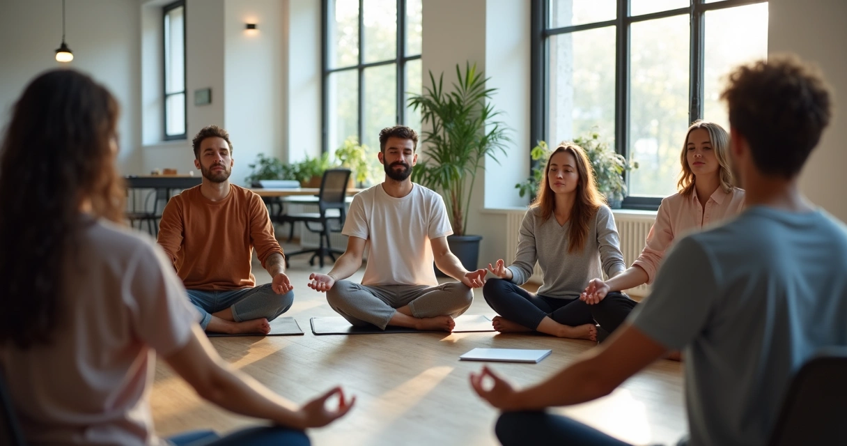 Grupo de personas sentadas en círculo practicando mindfulness en una oficina.