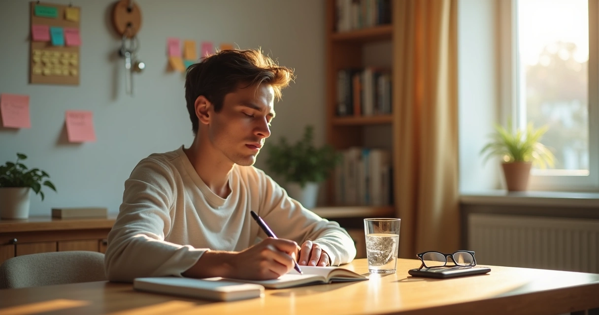 Persona tomando notas con calma junto a mesa con objetos cotidianos borrosos al fondo 