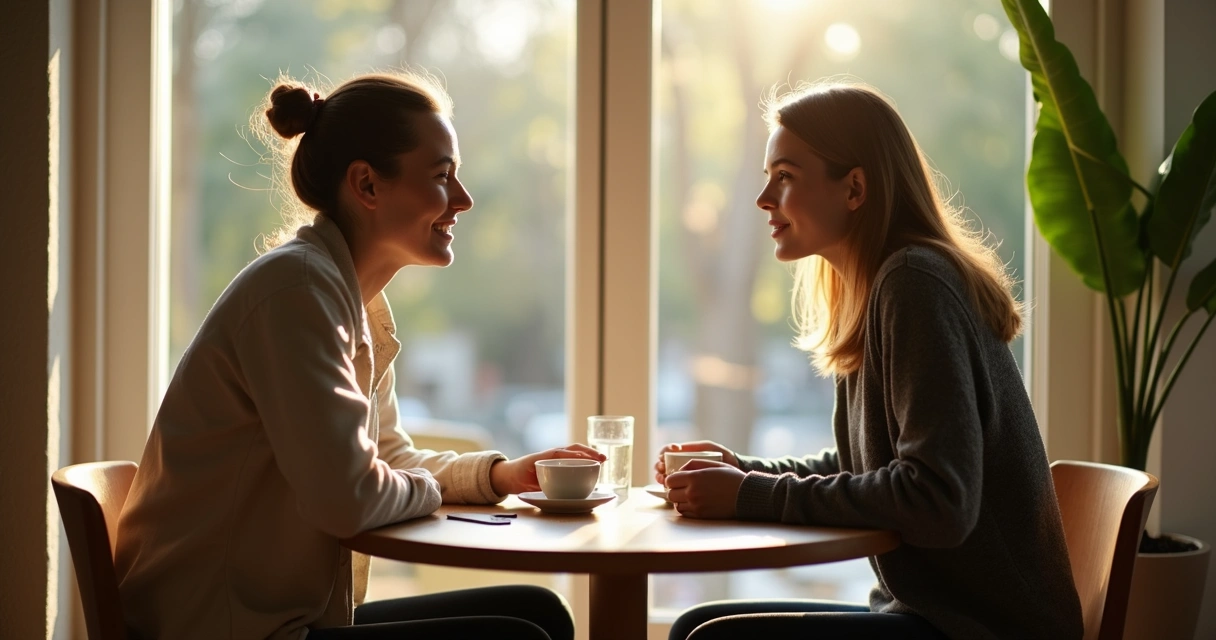 Dos personas conversando con atención plena en un café tranquilo 