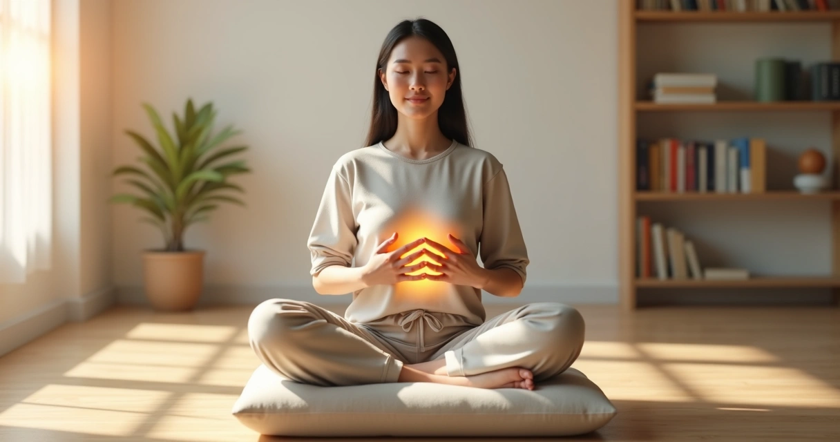 Persona sentada con luz suave sobre el pecho practicando respiración consciente 
