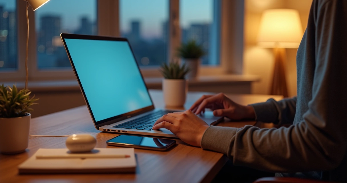 Persona usando un teléfono y un portátil con actitud de atención plena en un entorno tranquilo 