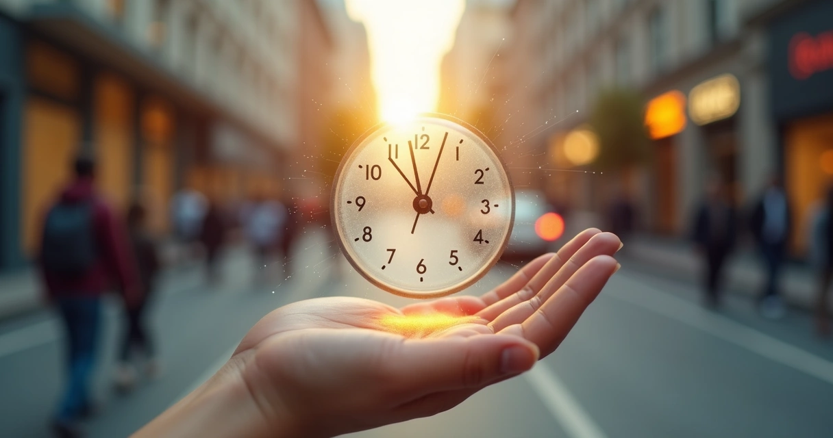Reloj transparente sobre una mano rodeado de partículas de luz 