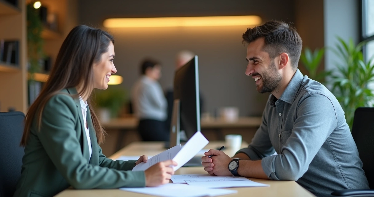 Persona atendiendo a cliente sentado en mostrador de oficina 