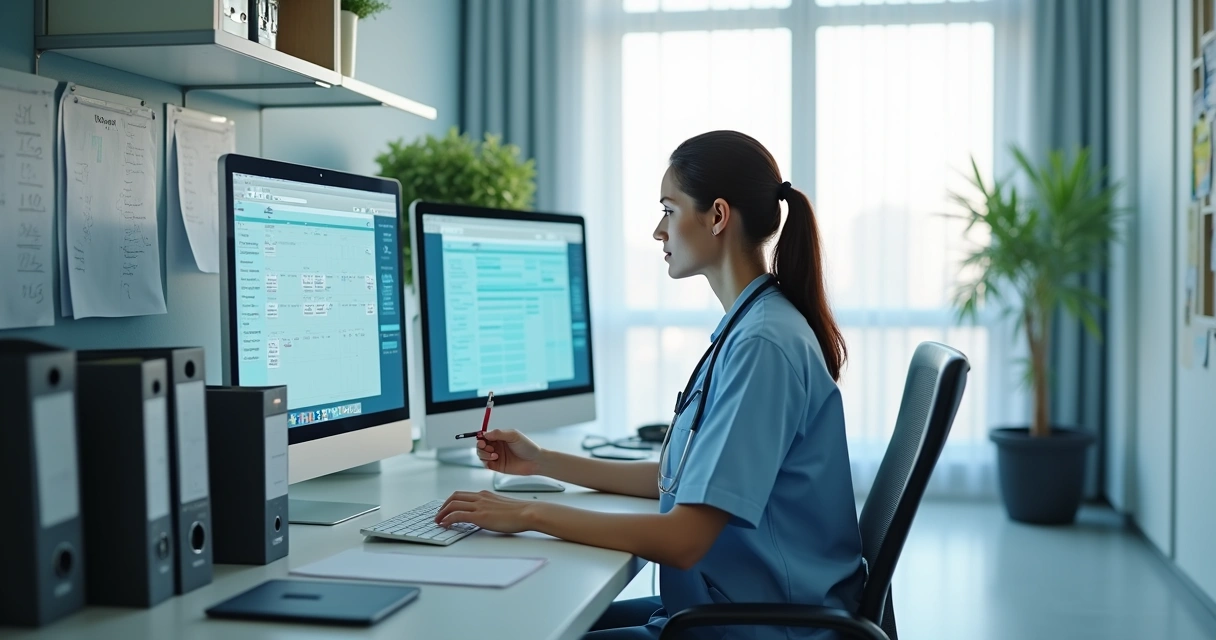 Profissional de saúde analisando informações de pacientes em um computador em ambiente clínico. 