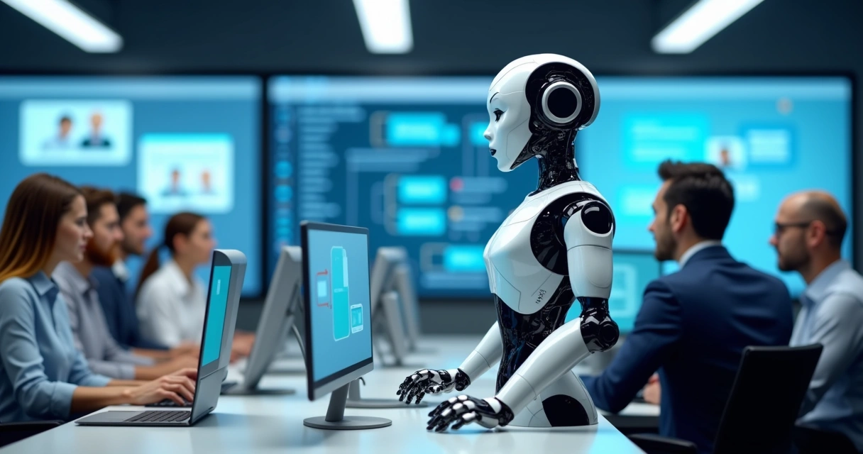 Robô chatbot atendendo clientes numa central de atendimento digital 