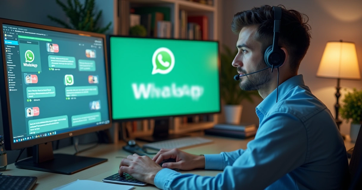 Atendente digitando enquanto escuta mensagens de áudio no WhatsApp e transcreve para o computador. 