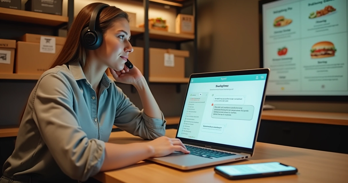Atendente de restaurante usando chat ao vivo em laptop para apoiar cliente de delivery 