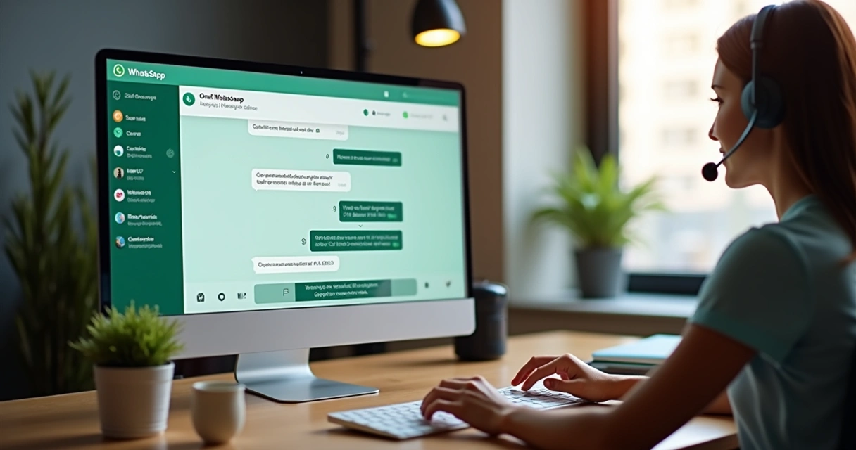 Atendente usando chatbot em tela de WhatsApp 