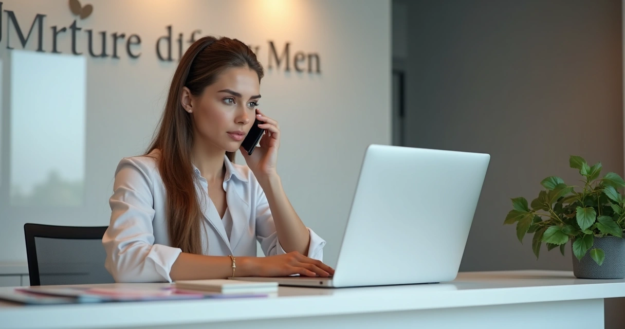 Atendente de clínica odontológica ao telefone com expressão atenta