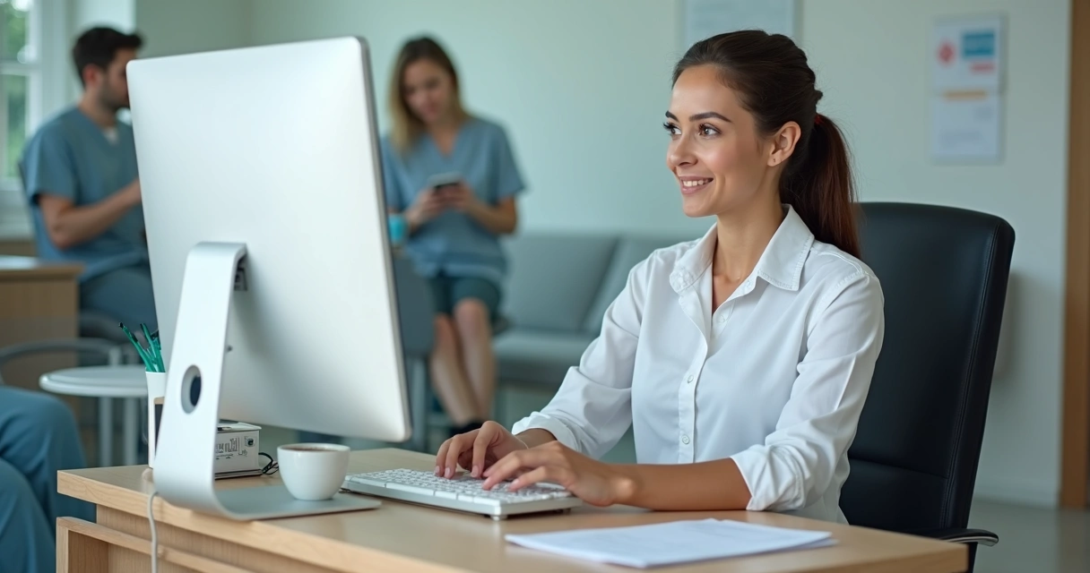 Recepcionista de clínica atendendo paciente pelo WhatsApp em um computador 