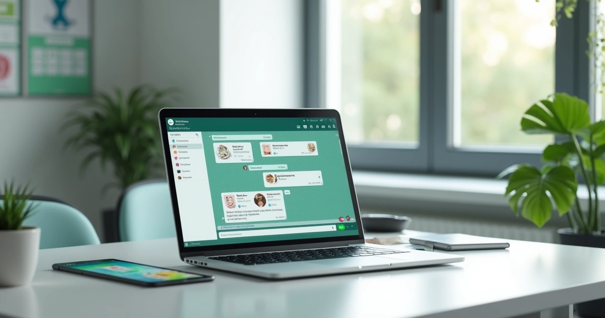 Computador com tela do WhatsApp aberta em consultório nutricional moderno 
