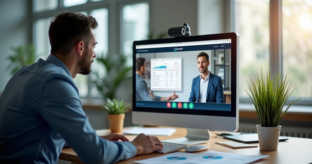 Pessoa atendendo cliente contábil em computador com site aberto 
