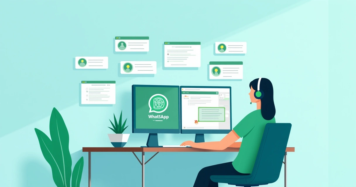 Pessoa atendendo cliente com múltiplas janelas do WhatsApp e CRM 