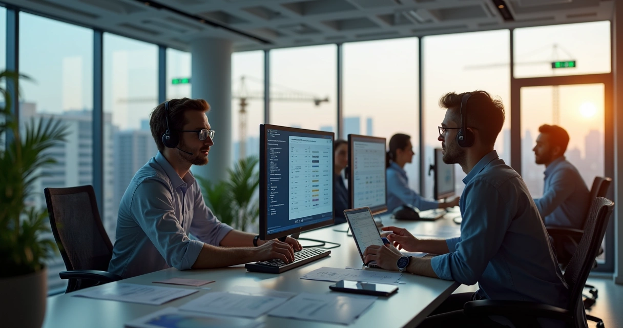 Equipe de atendimento ao cliente analisando pedidos de assistência técnica em escritório de construtora 