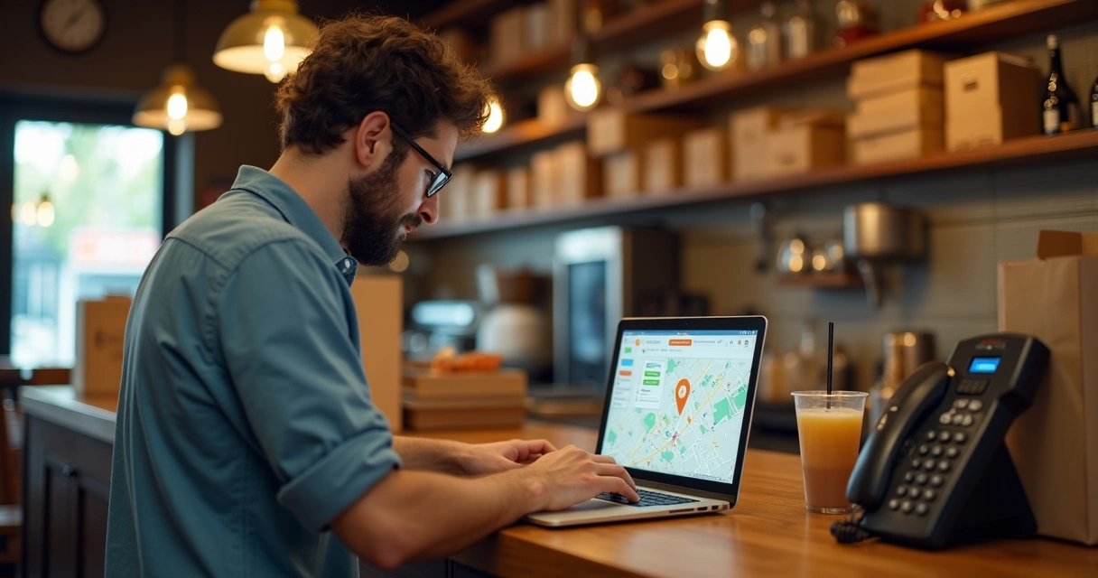 Homem usando notebook em balcão de restaurante gerenciando pedidos de delivery próprio