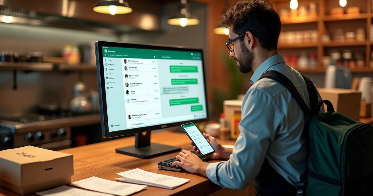 Atendente de delivery usando WhatsApp Web para organizar pedidos em restaurante 