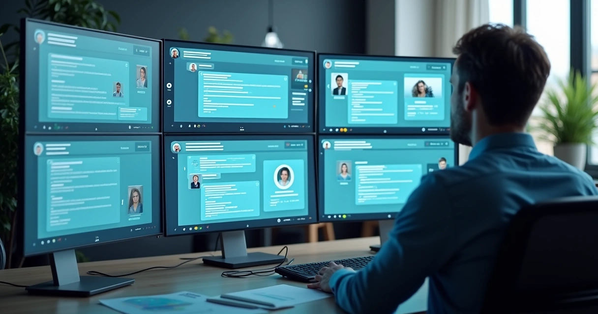 Atendente digital em imobiliária com diversos chatbots apresentados em telas 