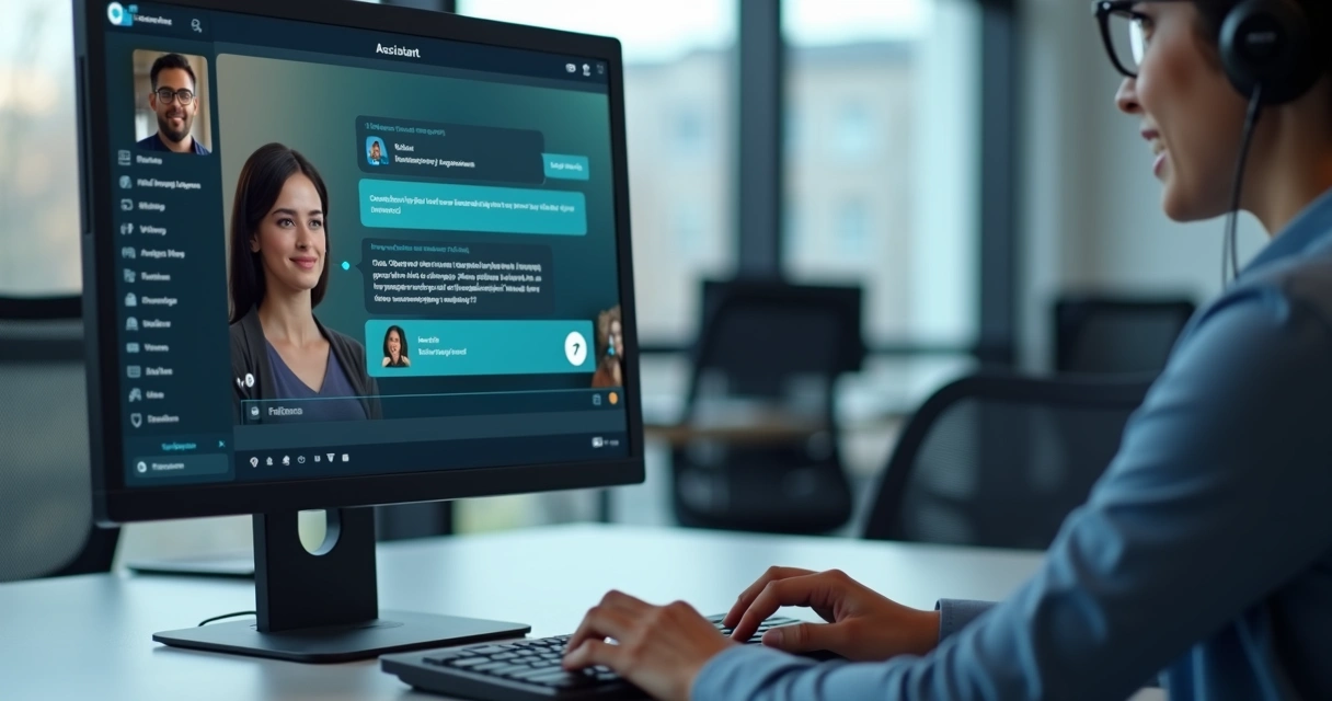 Assistente digital atendendo cliente em tela de computador 