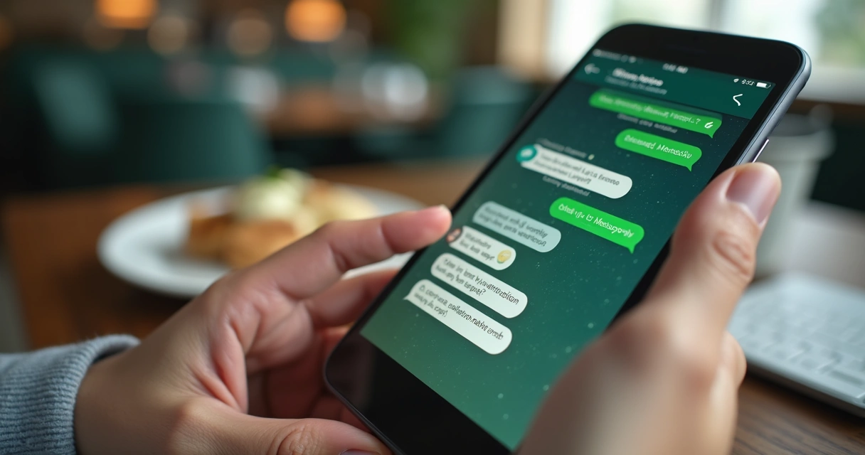Mão digitando no celular com ícones de mensagem verdes