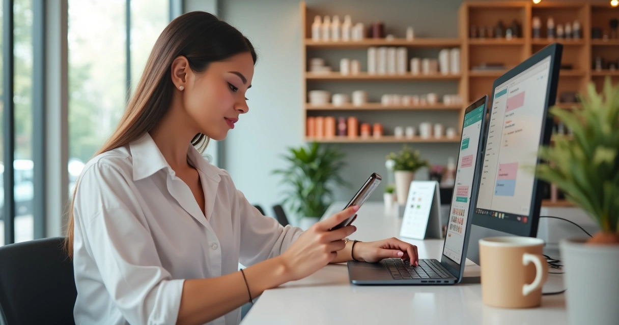 Atendente digitando mensagens automáticas no WhatsApp em ambiente de salão de beleza moderno 