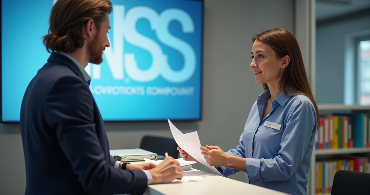 Atendente do INSS orientando um usuário em balcão com papéis 