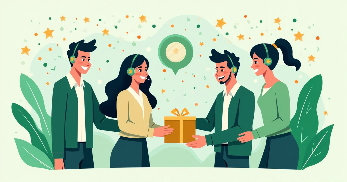 Equipe de atendimento celebrando com cliente ganhando recompensa 