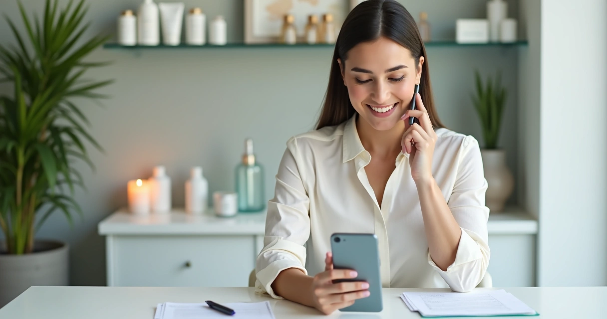 Atendente de clínica de estética respondendo cliente pelo WhatsApp em mesa organizada 