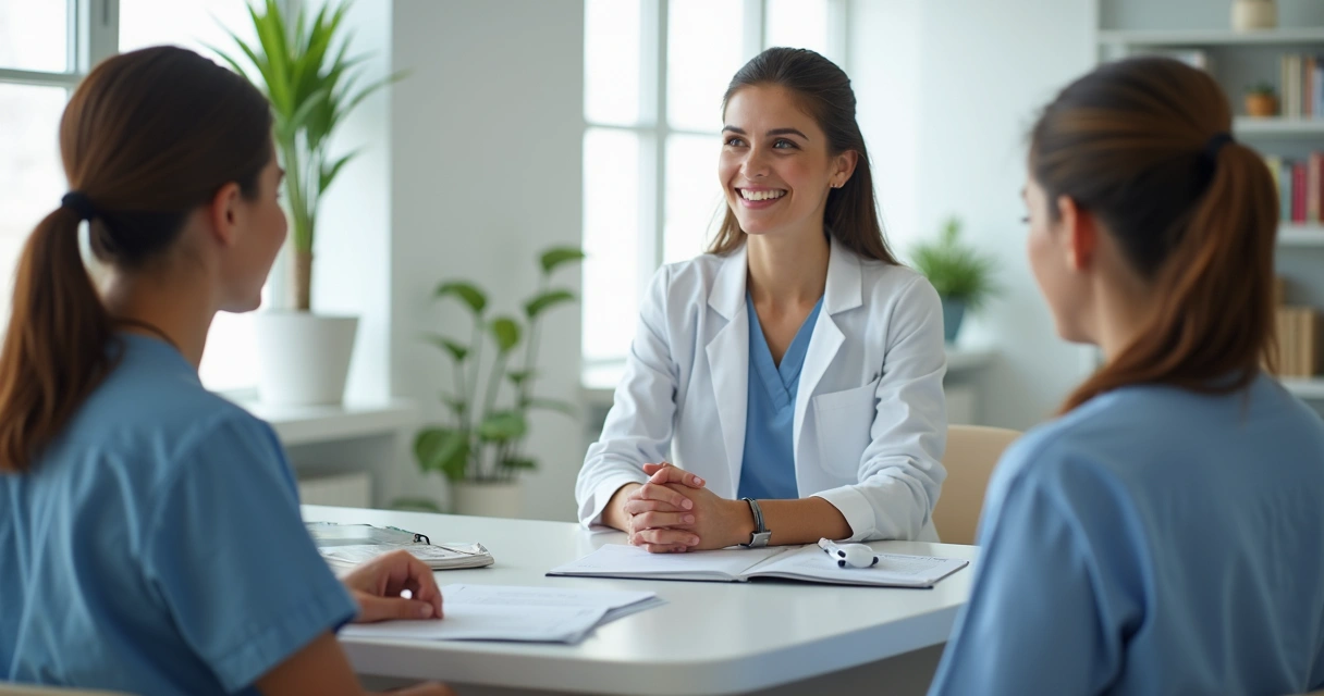 Recepcionista falando com paciente em balcão de clínica 