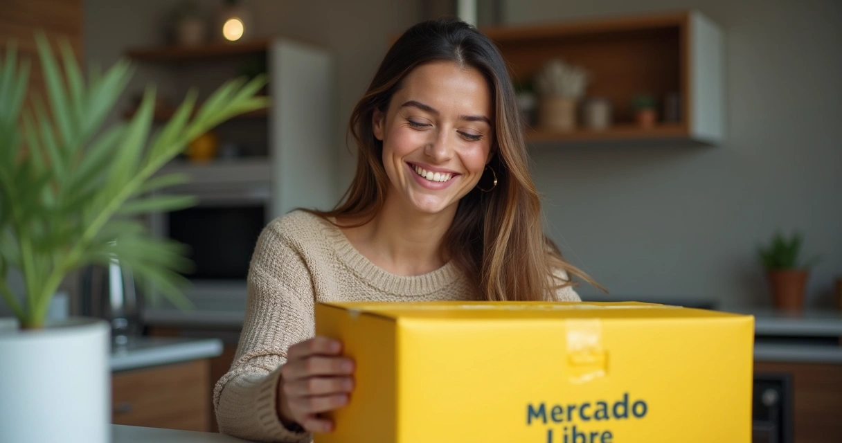 Pessoa embalando pedido Mercado Livre sorrindo 