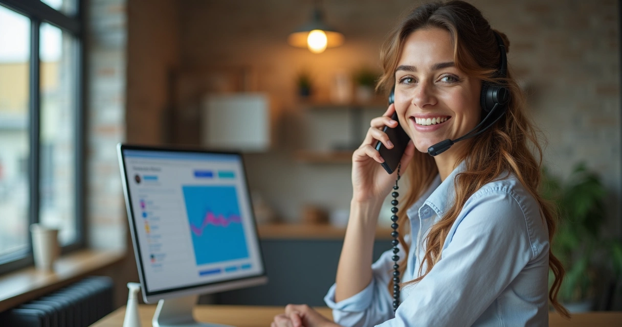 Atendente de delivery sorrindo ao falar ao telefone com cliente 
