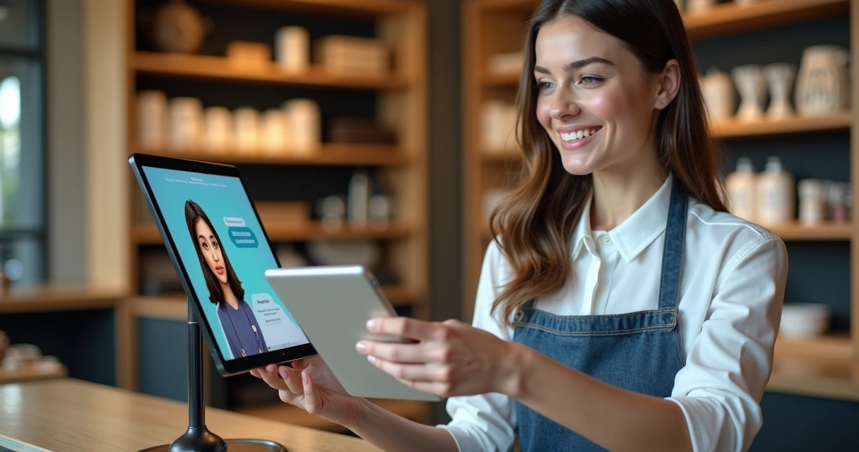 Atendente humano interagindo com bot em loja física 