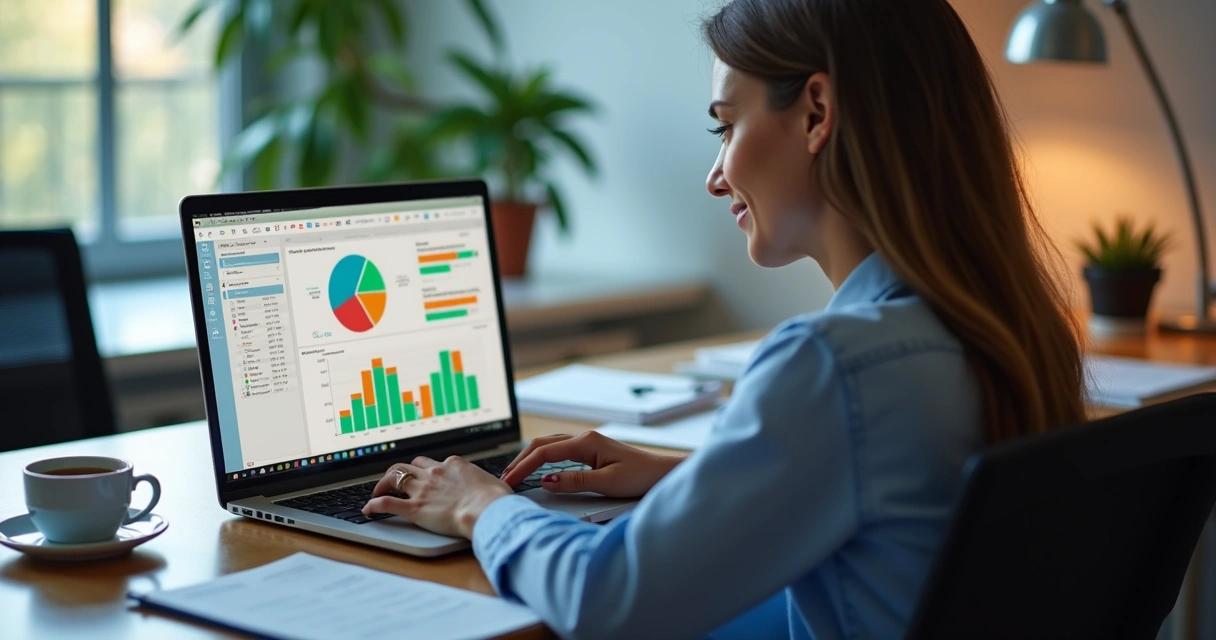 Profissional analisando interações entre chatbot e clientes com gráficos em notebook. 