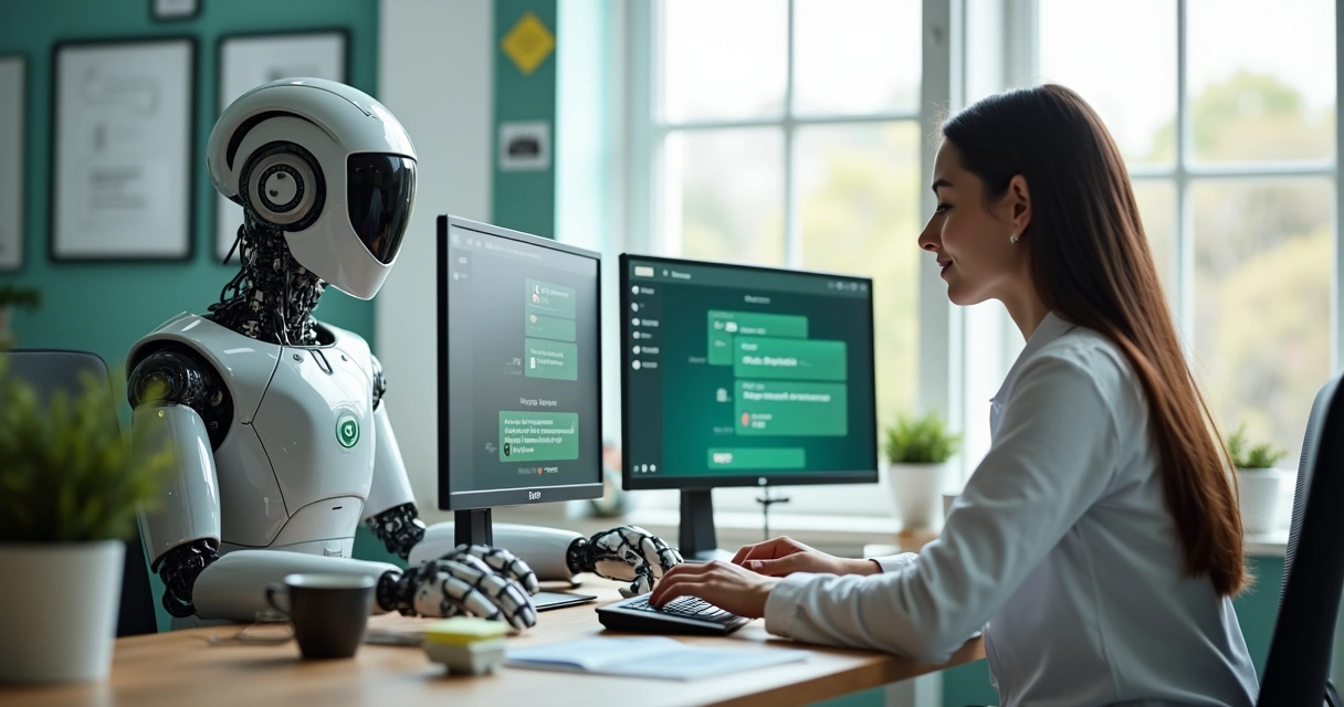 Atendente humano e robô lado a lado atendendo juntos no WhatsApp