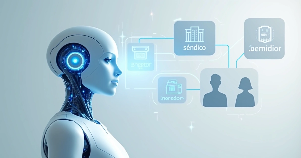 Atendente virtual com headset, ícones de mensagens conectando síndicos e moradores 