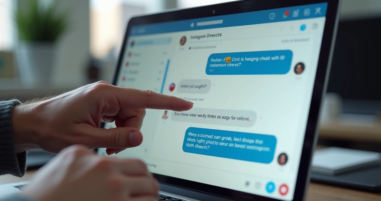 Mão humana tocando tela de chatbot no Instagram Direct no notebook 