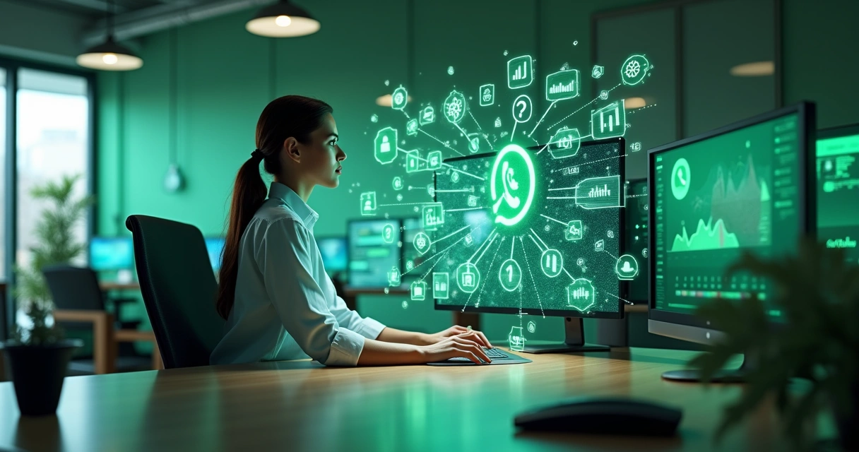 AI virtual assistant chatting on WhatsApp, with graphics in the background