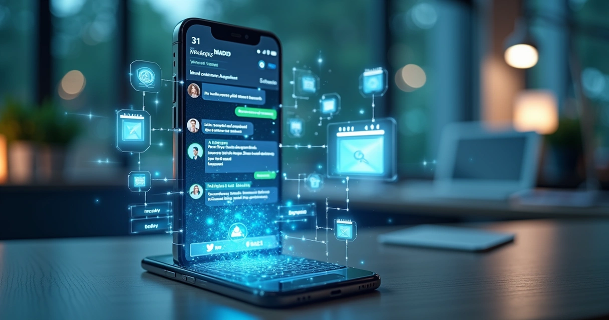 Tela de smartphone exibindo conversa automatizada com atendente de IA no WhatsApp, com interface moderna e elementos digitais de inteligência artificial ao redor