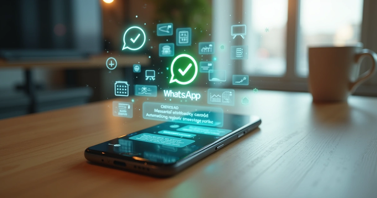 Interface de chatbot de atendente IA no WhatsApp exibida em smartphone sobre mesa com elementos digitais ao redor 